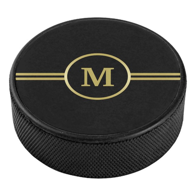 Elegant gold Personalized  Monogram on black  Hockey Puck (3/4)