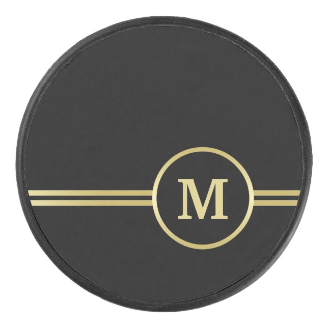 Elegant gold Personalized  Monogram on black  Hockey Puck (Front)