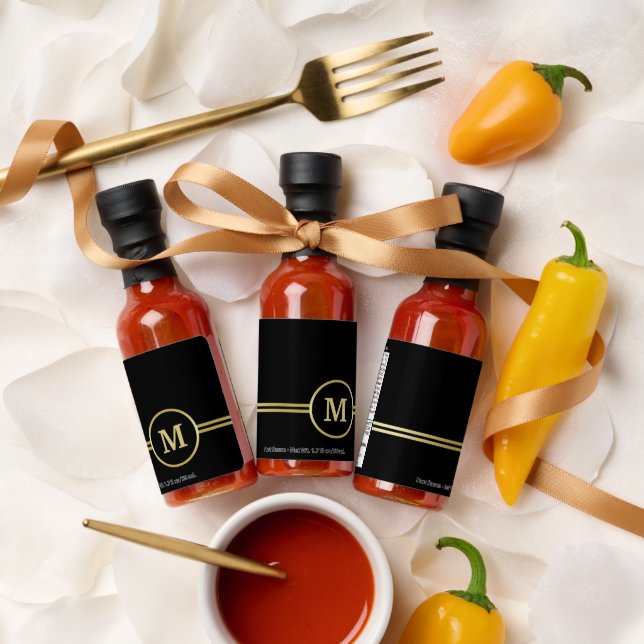 Elegant gold Personalized  Monogram on black  Hot Sauces (Wedding)