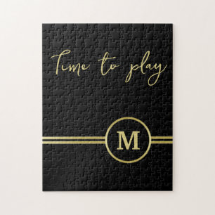 Elegant gold Personalized Monogram on black Jigsaw Puzzle