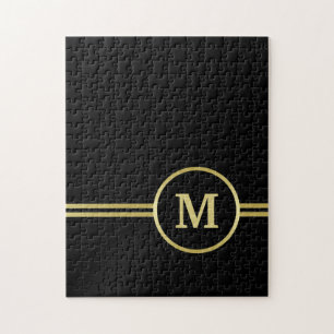 Elegant gold Personalized Monogram on black Jigsaw Puzzle