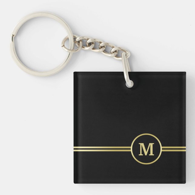 Elegant gold Personalized  Monogram on black  Keychain (Front)