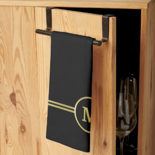 Elegant gold Personalized  Monogram on black  Kitchen Towel