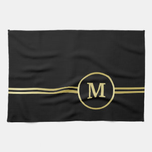 Elegant gold Personalized  Monogram on black  Kitchen Towel