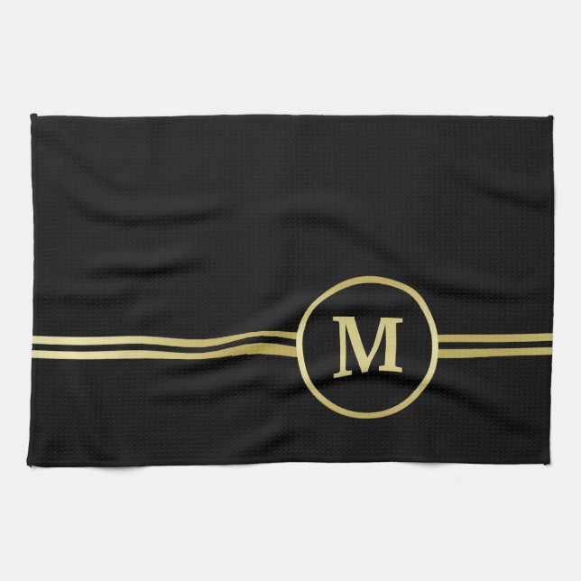 Elegant gold Personalized  Monogram on black  Kitchen Towel (Horizontal)