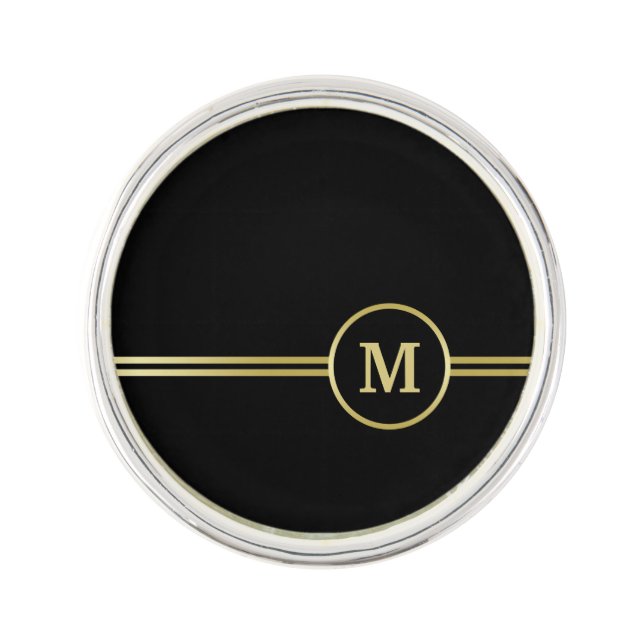 Elegant gold Personalized  Monogram on black  Lapel Pin (Front)