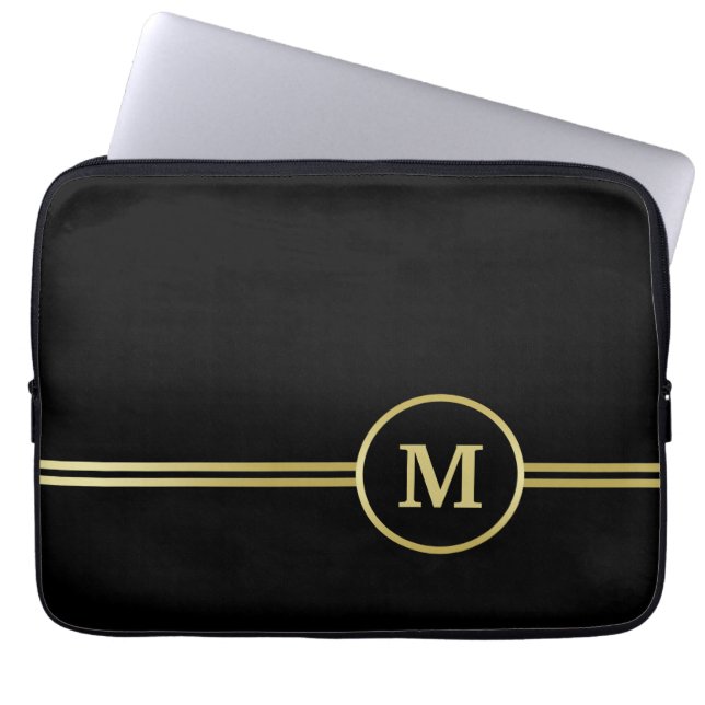 Elegant gold Personalized  Monogram on black  Laptop Sleeve (Front)