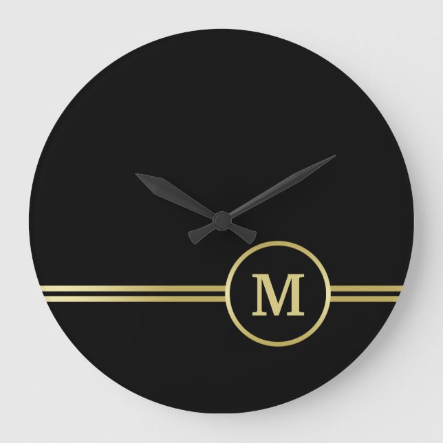 Elegant gold Personalized  Monogram on black  Large Clock (Front)
