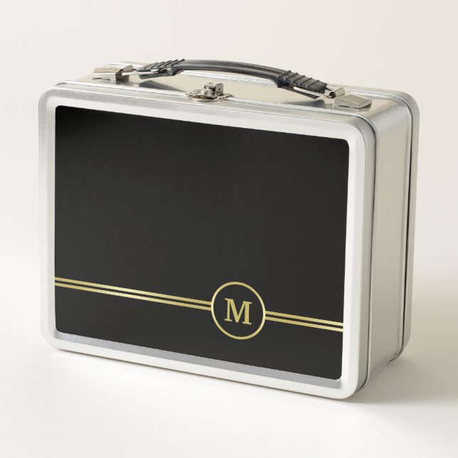 Elegant gold Personalized  Monogram on black  Metal Lunch Box (Front)