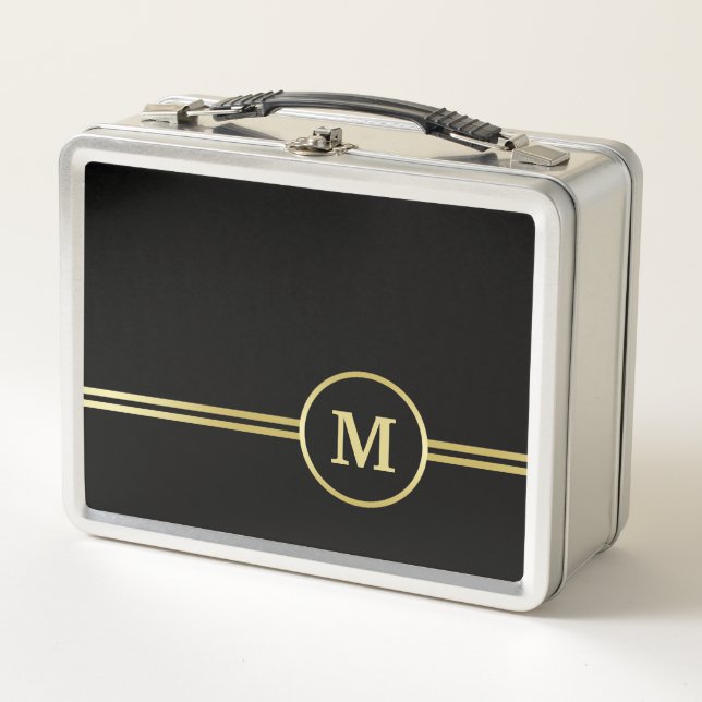 Elegant gold Personalized  Monogram on black  Metal Lunch Box (Front)