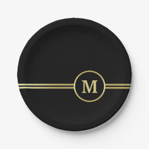 Elegant gold Personalized  Monogram on black  Paper Plates