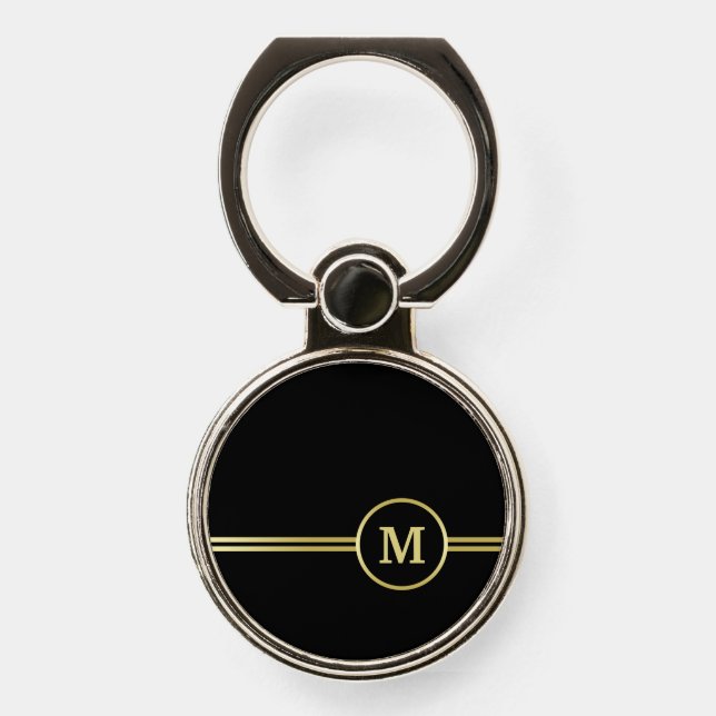 Elegant gold Personalized  Monogram on black  Phone Ring Stand (Front)