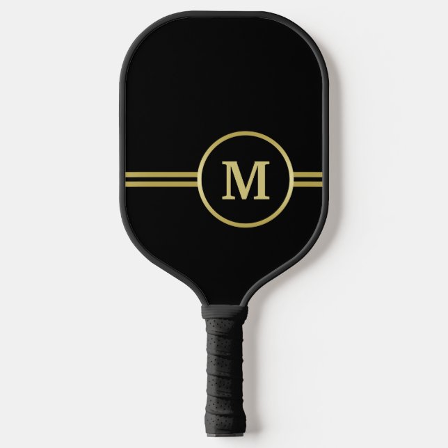 Elegant gold Personalized  Monogram on black  Pickleball Paddle (Front)