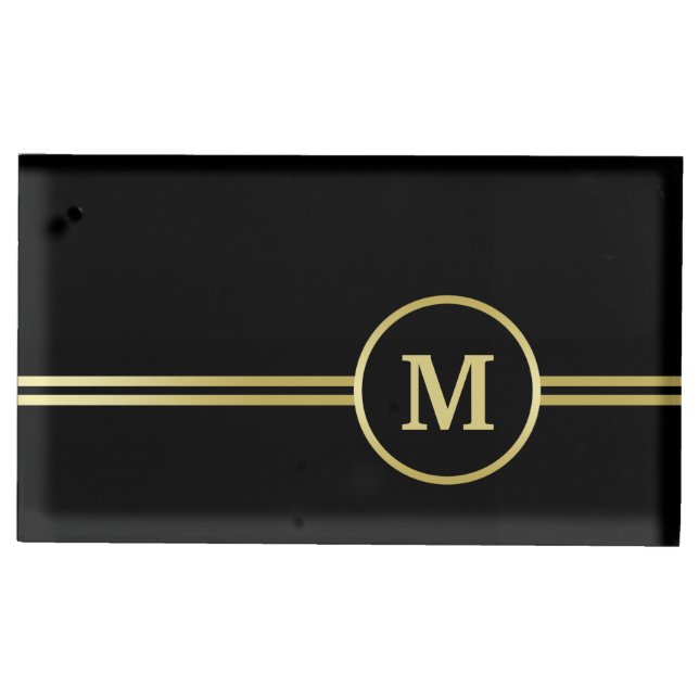 Elegant gold Personalized  Monogram on black  Place Card Holder (Front)
