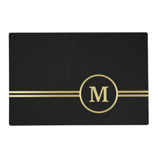 Elegant gold Personalized  Monogram on black  Placemat (Front)