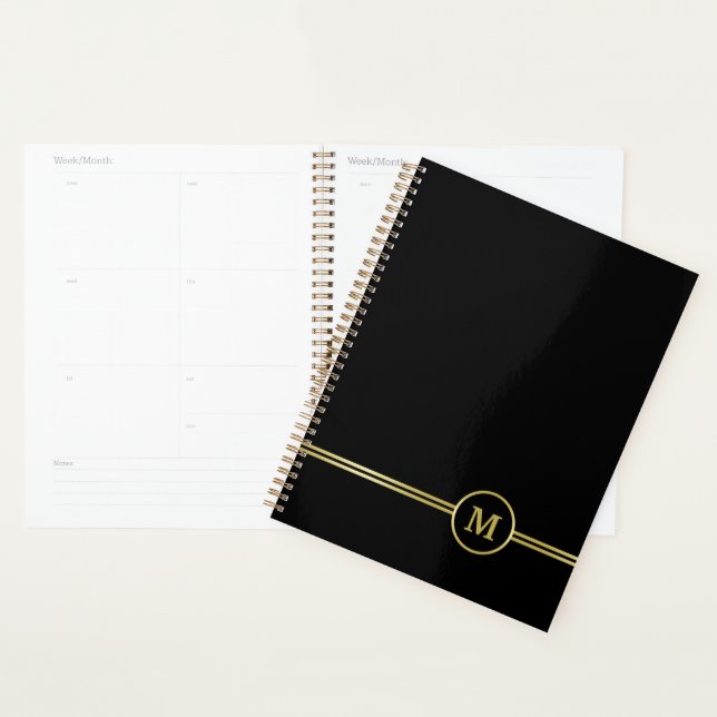 Elegant gold Personalized  Monogram on black  Planner (Display)