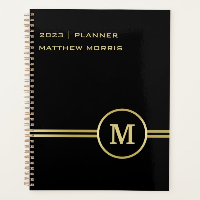 Elegant gold Personalized  Monogram on black  Planner (Front)