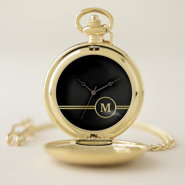 Elegant gold Personalized  Monogram on black  Pocket Watch (Inside)