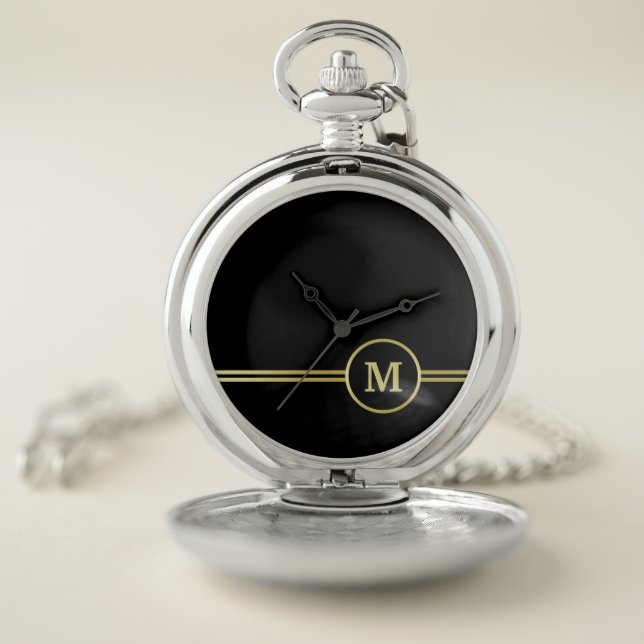 Elegant gold Personalized  Monogram on black  Pocket Watch (Inside)