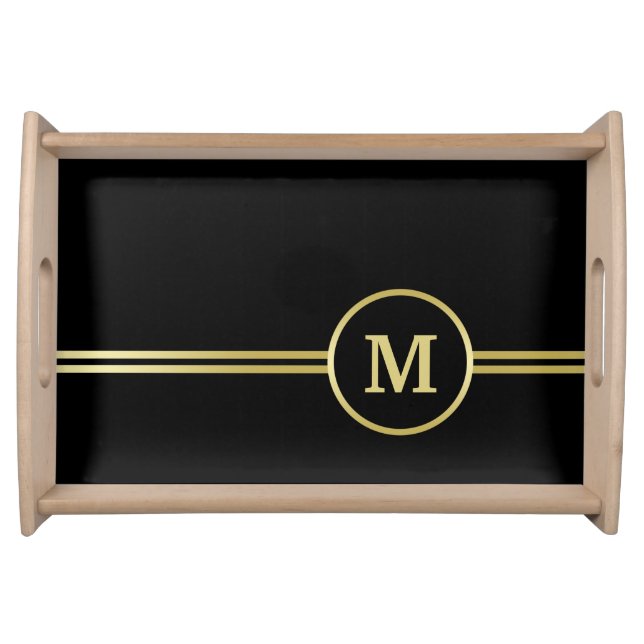 Elegant gold Personalized  Monogram on black  Serving Tray (Front)