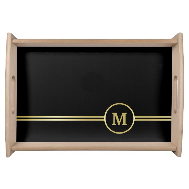 Elegant gold Personalized  Monogram on black  Serving Tray (Front)