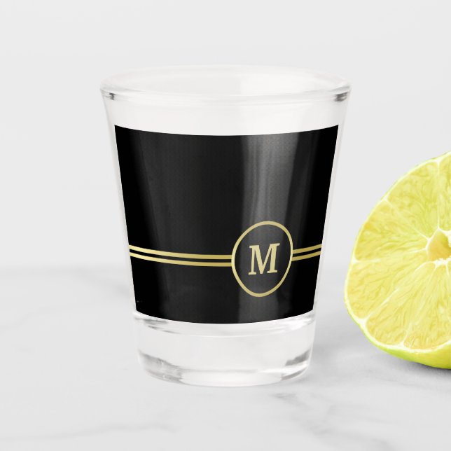 Elegant gold Personalized  Monogram on black  Shot Glass (Front)