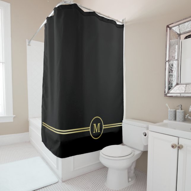 Elegant gold Personalized  Monogram on black  Shower Curtain (In Situ)