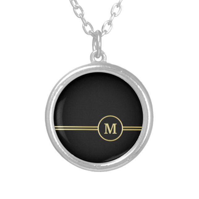 Elegant gold Personalized  Monogram on black  Silver Plated Necklace (Front)