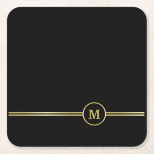 Elegant gold Personalized Monogram on black Square Paper Coaster