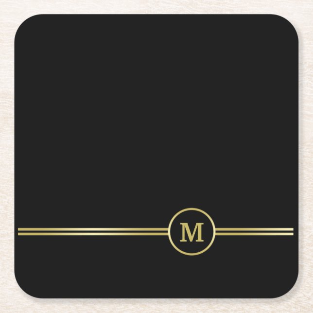 Elegant gold Personalized  Monogram on black Square Paper Coaster (Front)
