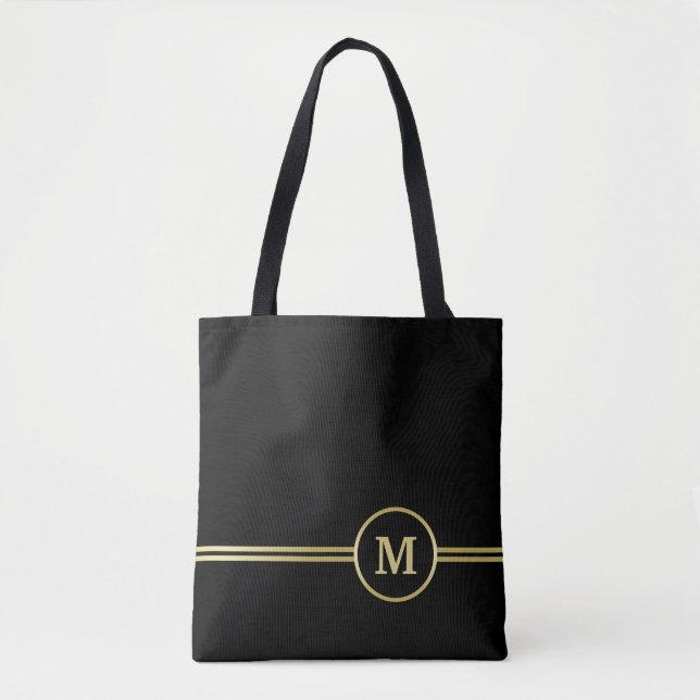 Elegant gold Personalized  Monogram on black  Tote Bag (Front)