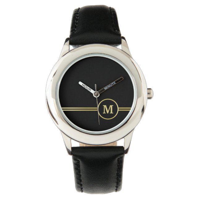 Elegant gold Personalized  Monogram on black  Watch (Front)