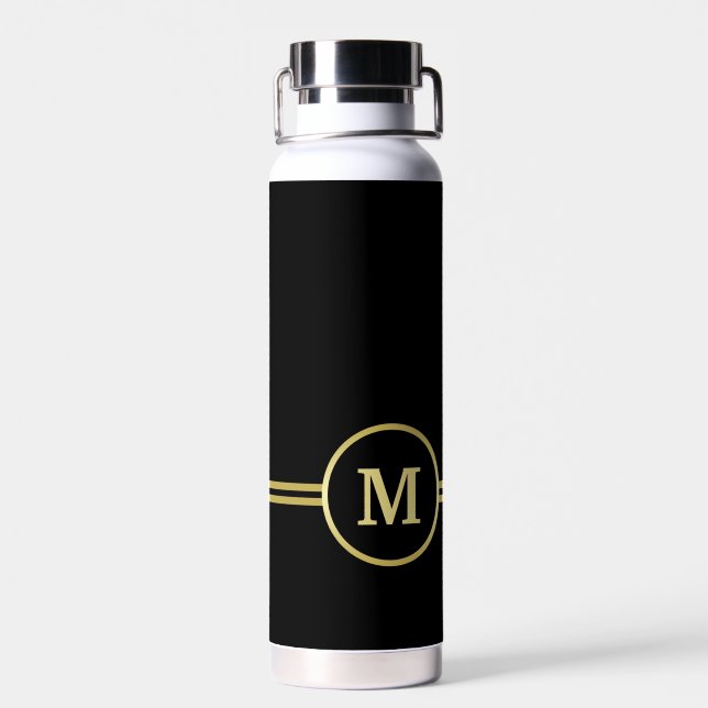 Elegant gold Personalized  Monogram on black  Water Bottle (Back)