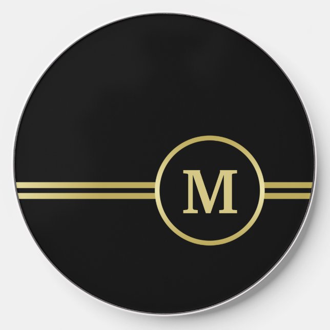 Elegant gold Personalized  Monogram on black  Wireless Charger (Front)