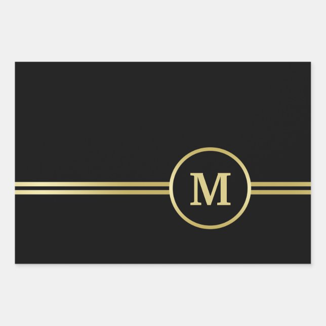 Elegant gold Personalized  Monogram on black  Wrapping Paper Sheets (Front)