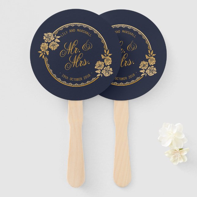 Elegant Gold Personalized Wedding | Hand Fans (Front and Back)