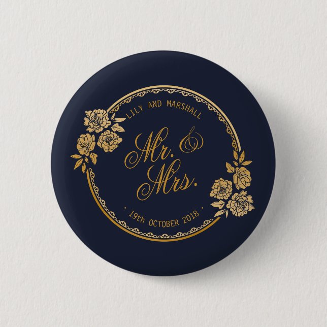 Elegant Gold Personalized Wedding | Pin Button (Front)