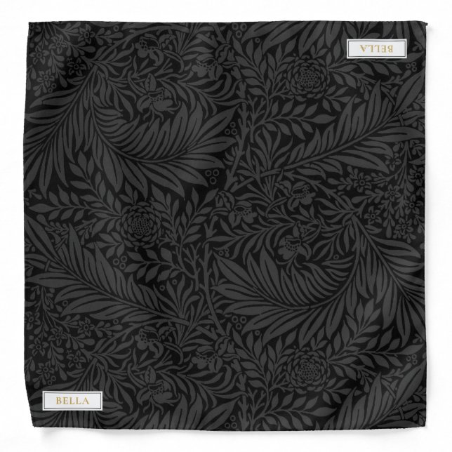 Elegant Gold Pet Name Black Floral Pattern Bandana (Front)