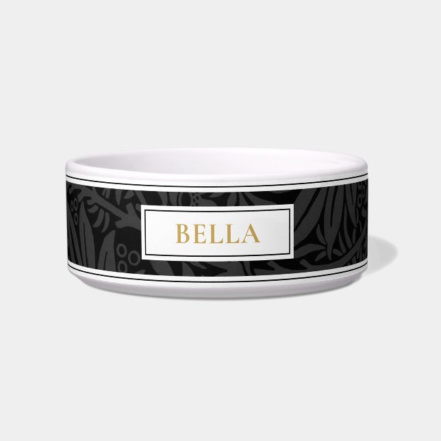Elegant Gold Pet Name Black Floral Pattern Bowl (Front)
