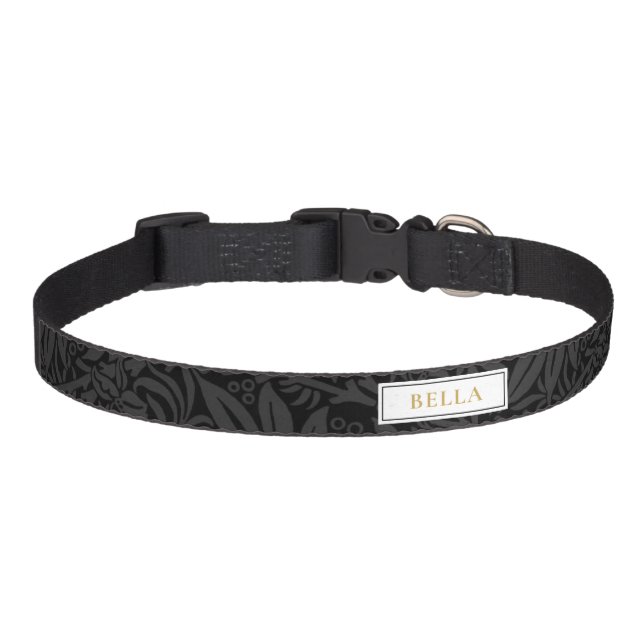Elegant Gold Pet Name Black Floral Pattern Collar (Front)