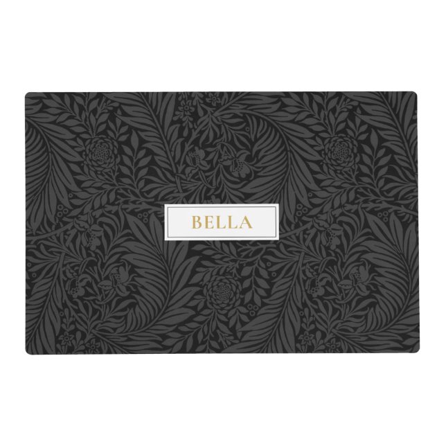 Elegant Gold Pet Name Black Floral Pattern Placemat (Front)