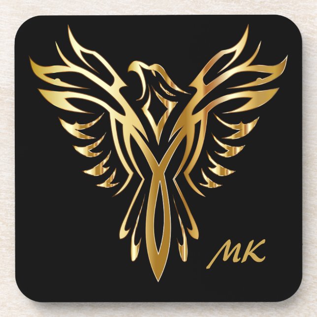Elegant Gold Phoenix Rising Monogrammed Beverage Coaster (Front)