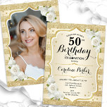 Elegant Gold Photo 50th Birthday Invitation<br><div class="desc">Elegant floral feminine 50th birthday invitation with your photo at the back of the card. Glam design with faux glitter gold. Features gold stripes, white roses, script font and confetti. Perfect for a stylish adult bday celebration party. Personalise with your own details. Can be customised for any age! Printed Zazzle...</div>