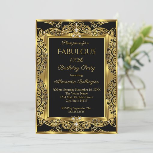 Elegant Gold Photo Birthday Party Black Damask Invitation | Zazzle