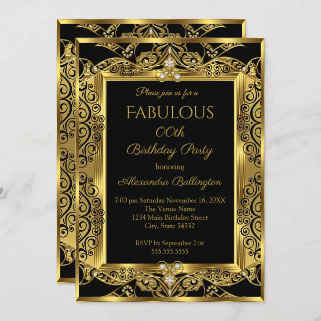 Elegant Gold Photo Birthday Party Black Damask Invitation | Zazzle