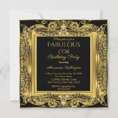 Elegant Gold Photo Birthday Party Black Damask SQ Invitation (Front)
