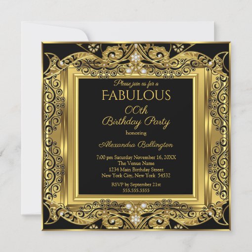 Elegant Gold Photo Birthday Party Black Damask SQ Invitation | Zazzle