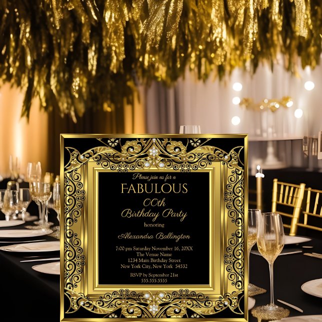 Elegant Gold Photo Birthday Party Black Damask SQ Invitation
