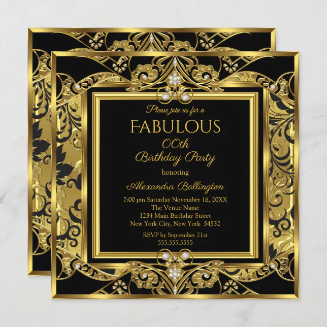 Elegant Gold Photo Birthday Party Black Floral Invitation | Zazzle