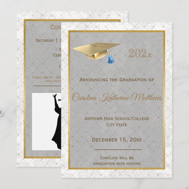 Elegant Gold Photo Blue Cap Graduation Announcement (Front/Back)